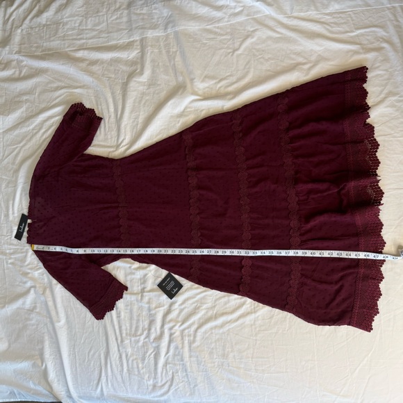Lulus Wine Red Swiss Dot Crochet Lace Tiered Midi Dress M NWT Wedding Guest - Picture 7 of 13